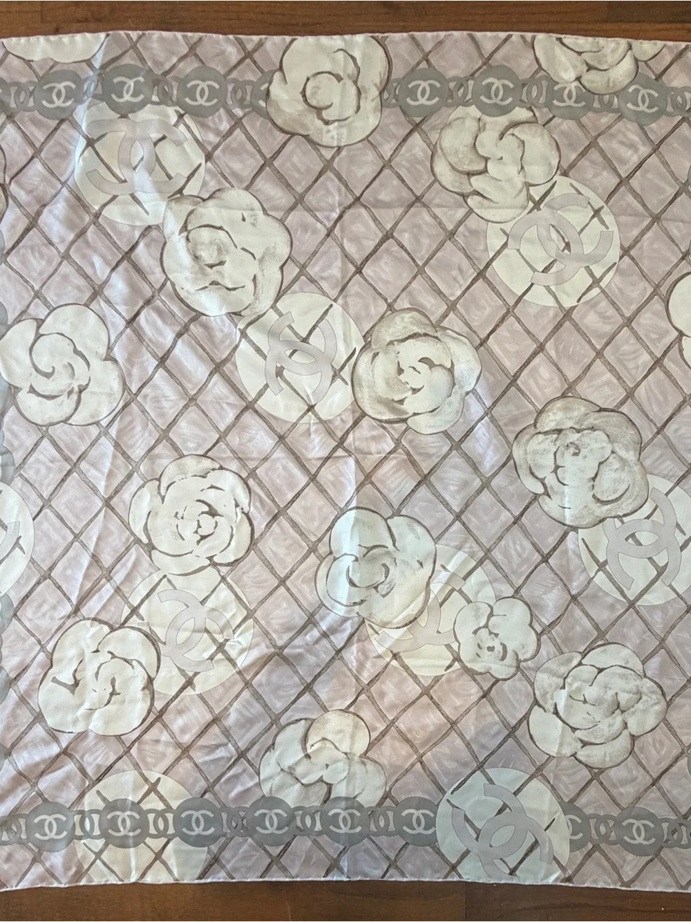 CHANEL Blush and Gray Camellia CC Logo Square Scarf NWOT 90 cm
